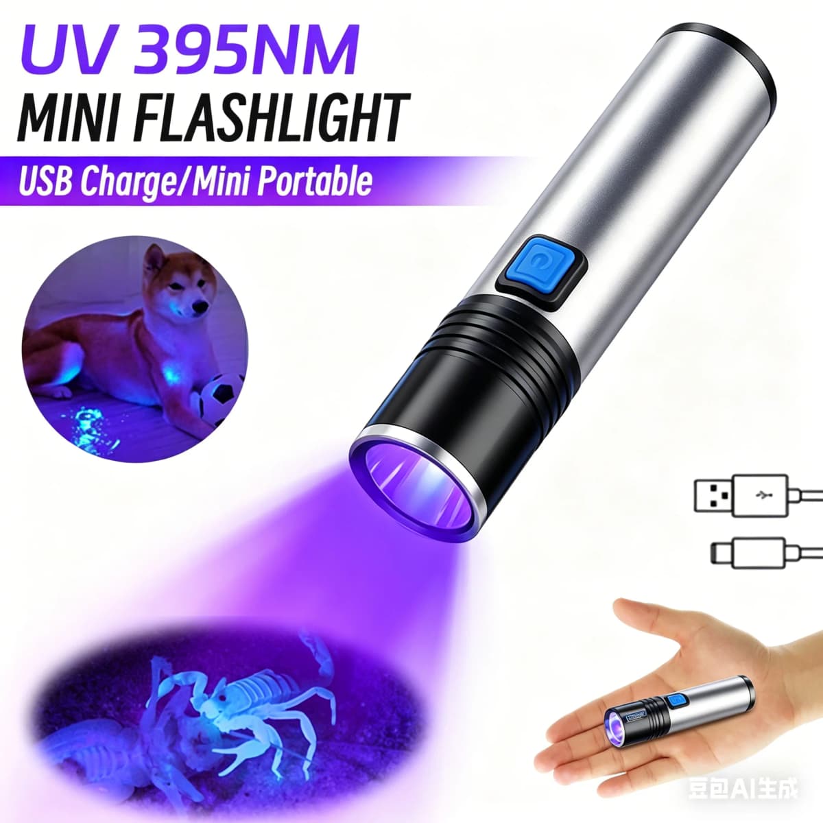 USB Rechargeable Zoomable UV Flashlight,395nm Blacklight Torch, Handheld Ultraviolet Light for Pet Urine Detector Resin Curing