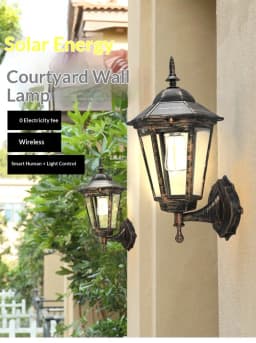 Solar Powered Vintage Wall Light with Motion Sensor Waterproof Outdoor Decorative Lamp for Villa Garden Yard Pathway Patio Home