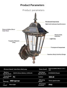 Solar Powered Vintage Wall Light with Motion Sensor Waterproof Outdoor Decorative Lamp for Villa Garden Yard Pathway Patio Home
