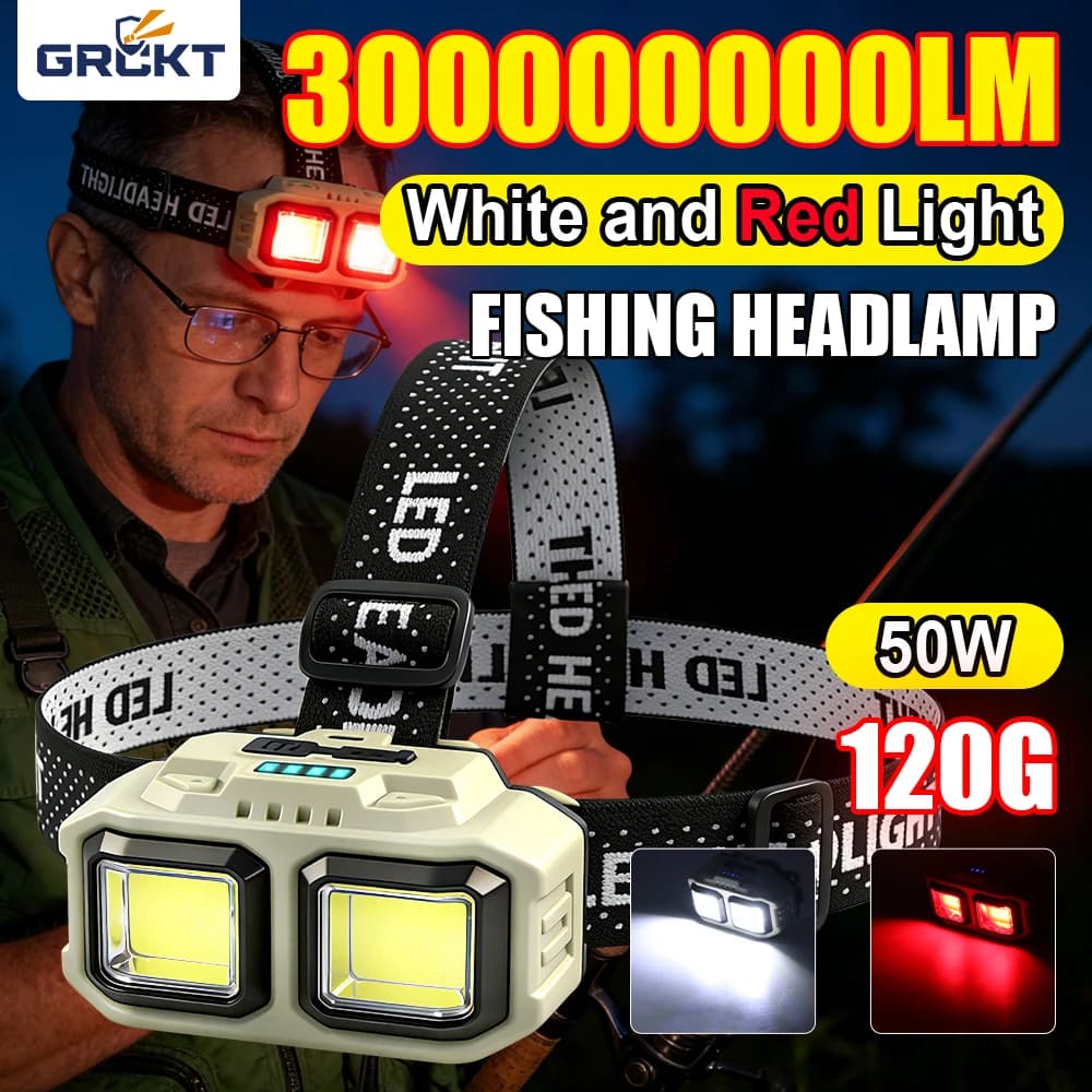 Red Light 50W Headlamp Head Lantern LED Rechargeable IPX4 Waterproof Headlight Battery Powered Headlight ForOutdoor Fishing18650