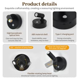 LED Spotlight Motion Sensor Dimmable Wall Light Remote Control 360° Rotatable Rechargeable Sconce for Bedroom Hallway