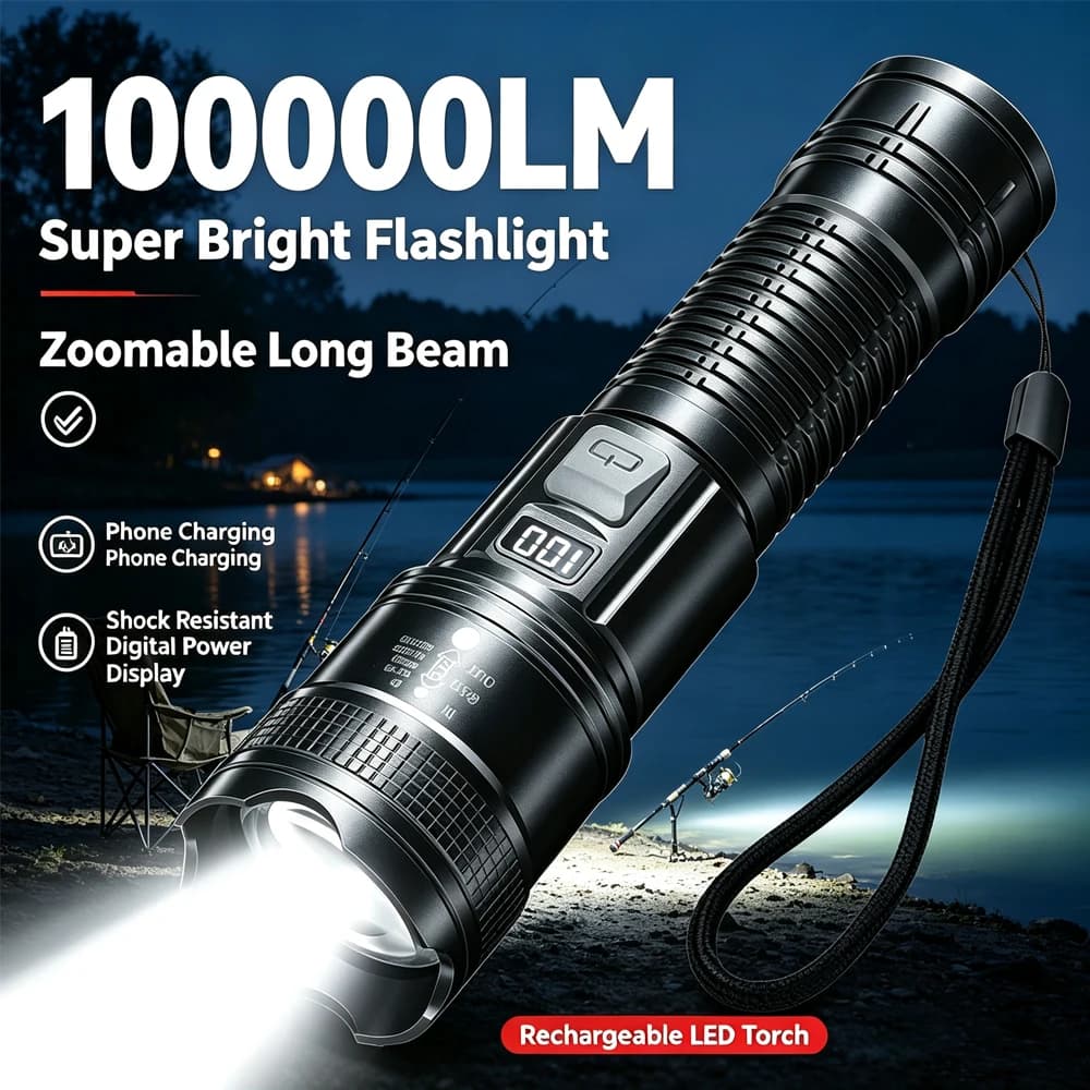 100000LM Super Bright Rechargeable LED Flashlight Long Range Tactical Torch Handheld Lamp Outdoor Camping Fishing EmergencyUse 