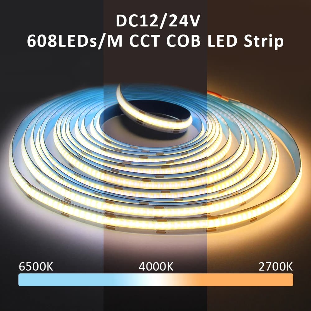 CCT COB LED Strip Lights High Density 608 LEDs/m Flexible Dimmable FOB Led Tape 2700K to 6500K Changeable LED Lighting DC12V 24V