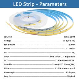 CCT COB LED Strip Lights High Density 608 LEDs/m Flexible Dimmable FOB Led Tape 2700K to 6500K Changeable LED Lighting DC12V 24V
