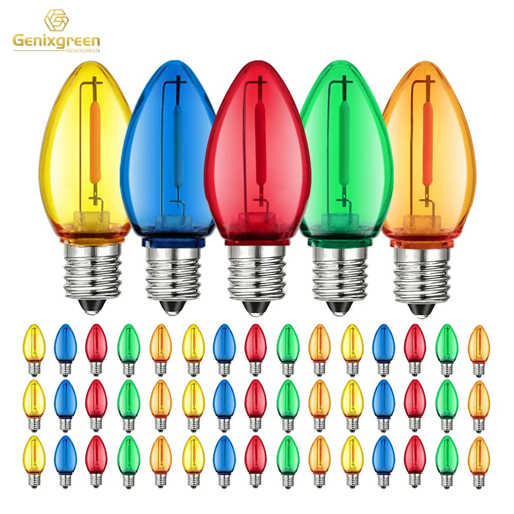 50Pcs C7 Led Outdoor String Lights Replace Light Bulbs 1W Multicolor Shatterproof Plastic E12 Candelabra Base For Backyard Party
