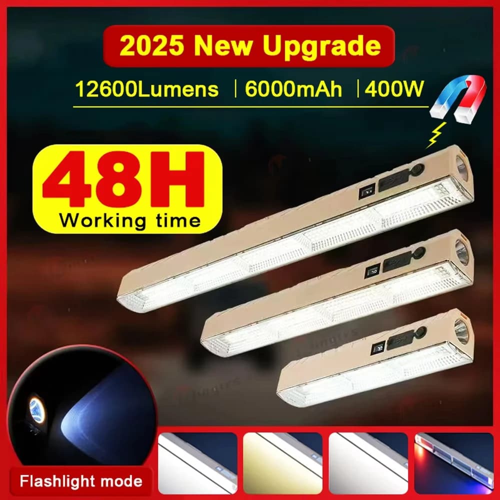 Rechargeable USB Magnetic Camping Light Bar LED Work Lamp with Hook for Car Repair Outdoor Red-Blue Strobe Lighting And Camping