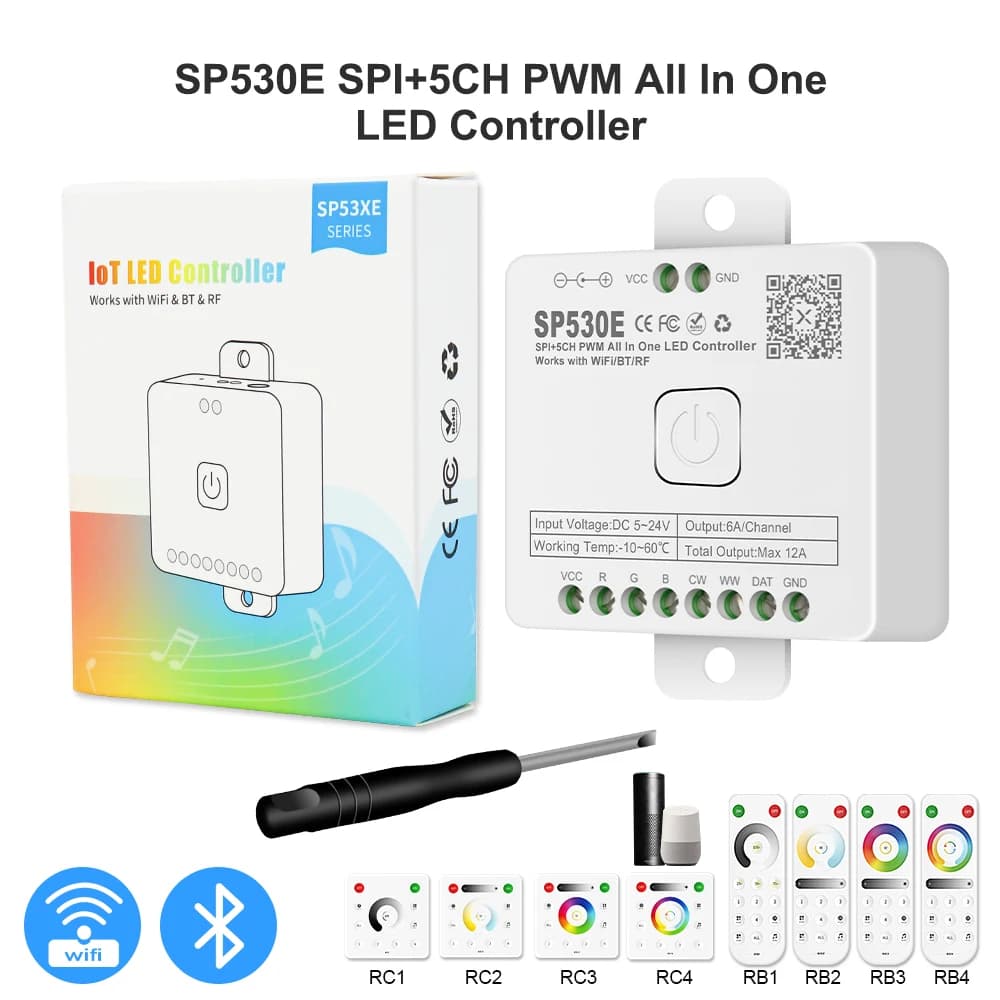 SP530E All In One LED Controller Wifi Alexa Google Home BT 5CH PWM SPI Pixels LED Strip Light WS2811 WS2812B SK6812 FCOB 5V-24V