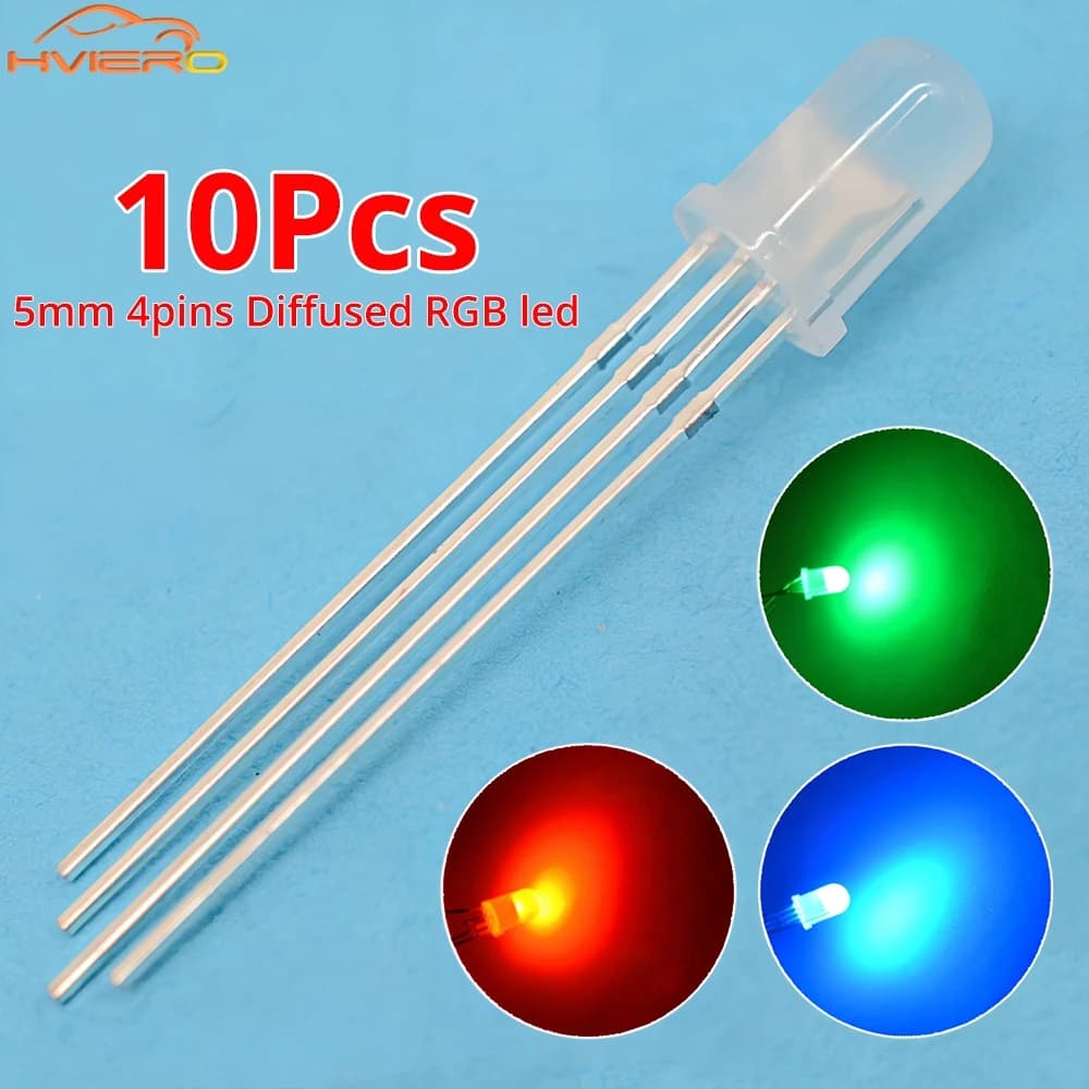 10Pcs Min F5 5mm Round 4pin Diffused Light Bead RGB Tri-Color Common Cathode Red Green Blue Emitting Diodes Bulb Bright LED Lamp