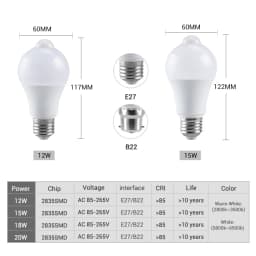 AC 85-265V 12W 15W 18W 20W B22 E27 Motion Sensor LED Light Bulb Human Infrared Sensing LED Lamp Auto ON/OFF Night Light for Home