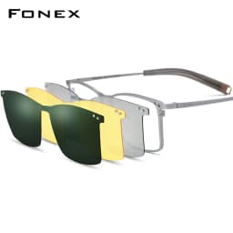 FONEX Titanium Glasses Frame Men Square Magnet Clip Eyeglasses with 3D & Night Vision & Polarized Lens Japanese Eyewear 85760