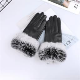 New Arrival Wholesale Women's Real Sheepskin Leather Gloves With Rabbit Fur Cuffs Female Cycling Warm Gloves Fleece Lining