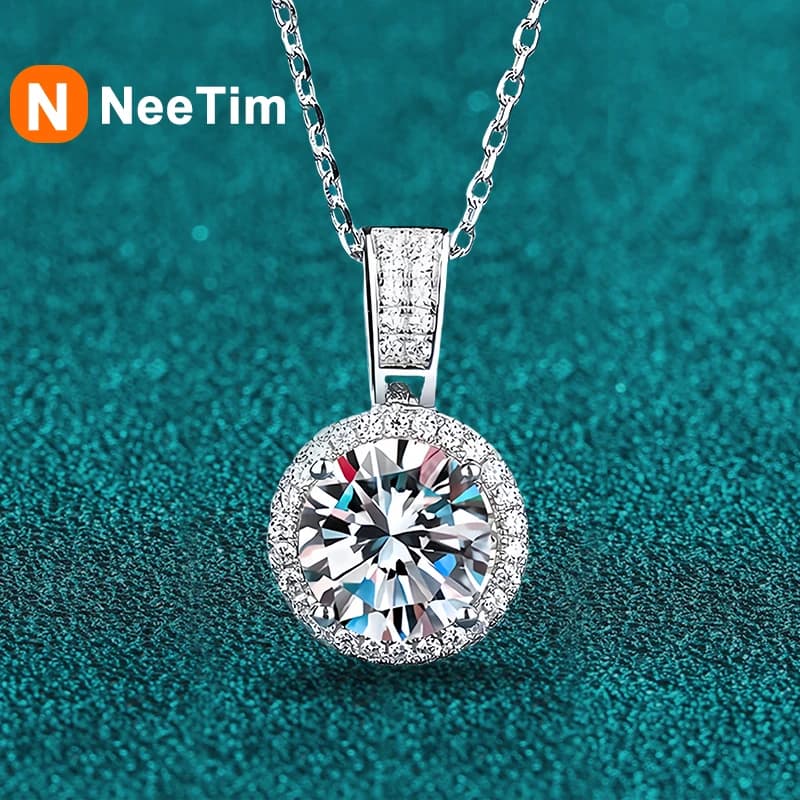 NeeTim 1Carat 2Carat Moissanite Necklace For Women Sterling S925 Silver With White Gold Plated Sparkling Jewelry Wedding Pendant