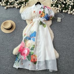 Chic vintage Sexy print mesh lace-up button Fairy Summer Women Boho Sundress women clothing Long dress