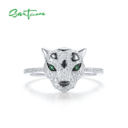 SANTUZZA Authentic 925 Sterling Silver Ring For Women Sparkling Green Spinel White Cubic Zirconia Unique Leopard Fashion Jewelry