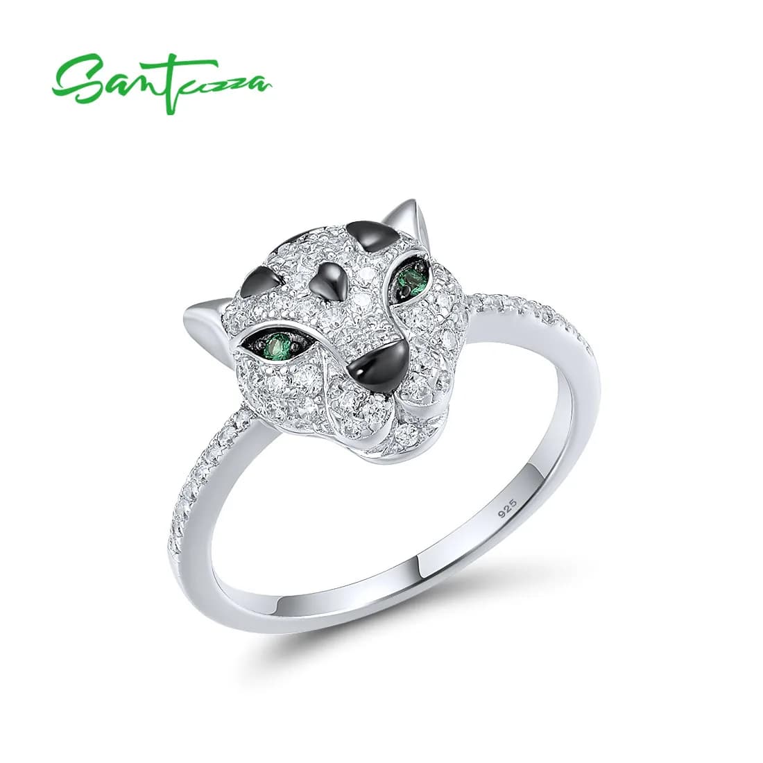 SANTUZZA Authentic 925 Sterling Silver Ring For Women Sparkling Green Spinel White Cubic Zirconia Unique Leopard Fashion Jewelry