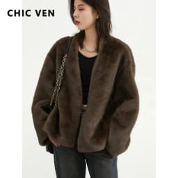 CHIC VEN Women's Jacket Loose Casual Solid Overcoat New Female Plush Coat V-neck Woman Outerwear Autumn Winter 2026
