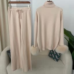 2024 New Fashion Autumn Winter Natural Real Fox Fur Cuffs Coat Knitted Sweater Women Long Pants Set Jacket Thick Warm