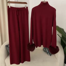2024 New Fashion Autumn Winter Natural Real Fox Fur Cuffs Coat Knitted Sweater Women Long Pants Set Jacket Thick Warm