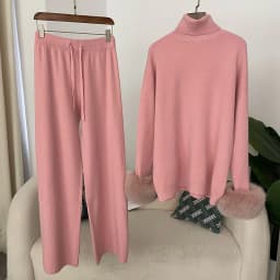 2024 New Fashion Autumn Winter Natural Real Fox Fur Cuffs Coat Knitted Sweater Women Long Pants Set Jacket Thick Warm