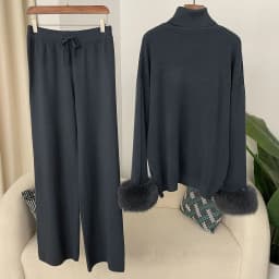 2024 New Fashion Autumn Winter Natural Real Fox Fur Cuffs Coat Knitted Sweater Women Long Pants Set Jacket Thick Warm