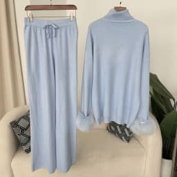 2024 New Fashion Autumn Winter Natural Real Fox Fur Cuffs Coat Knitted Sweater Women Long Pants Set Jacket Thick Warm