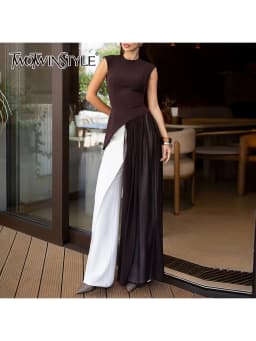 TWOTWINSTYLE Solid Slimming Spliced Folds Irregular Blouses for Women Round Neck Sleevelless High Waist Long Blouse Female New
