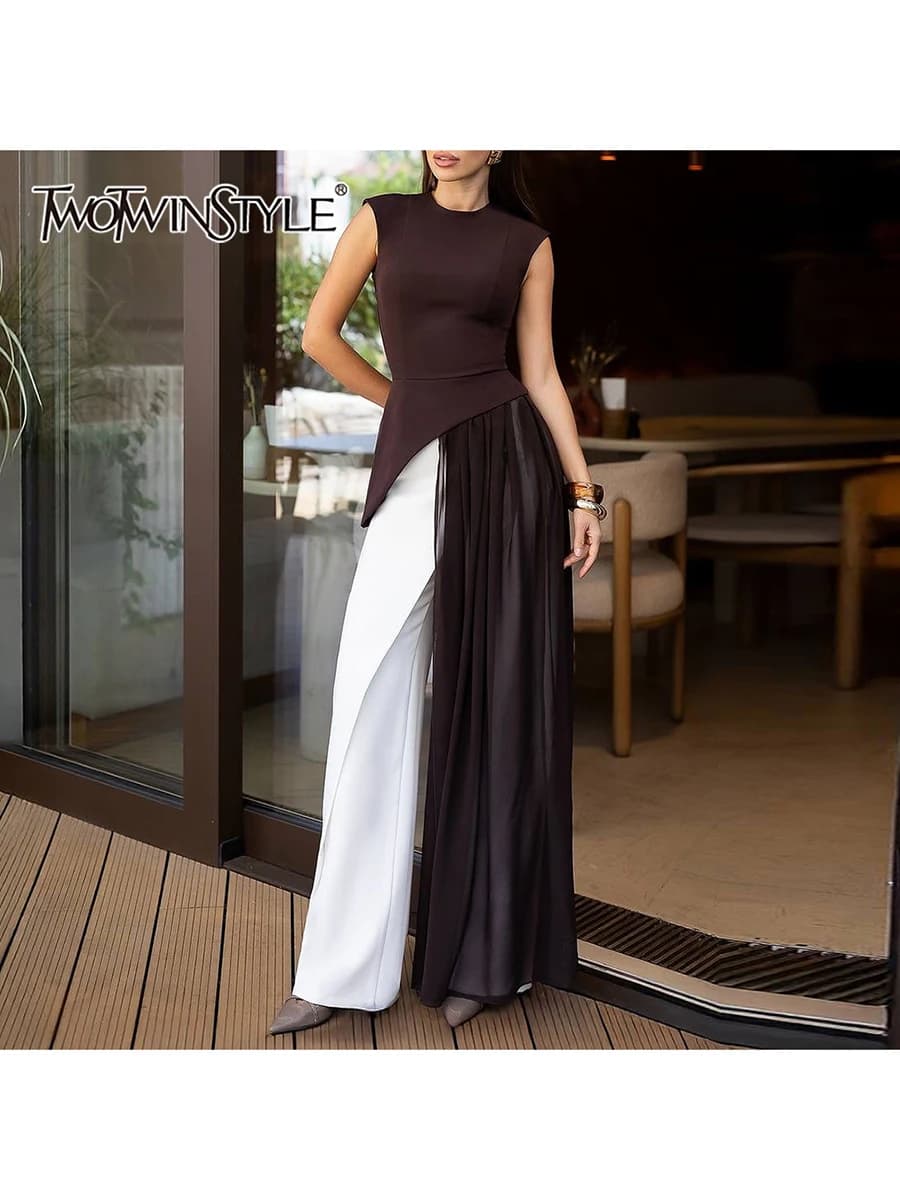 TWOTWINSTYLE Solid Slimming Spliced Folds Irregular Blouses for Women Round Neck Sleevelless High Waist Long Blouse Female New