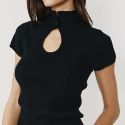 Wj Retro Stand Collar Hollow Knit Short Sleeve Slim Fit Top Black Hollow Collar Short Sleeve Knit Top One Button Slim Fit Base Layer Top