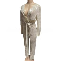 Jumpsuits Women Straight Pants One Piece Sequins V Neck Full Sleeve Lace Up Tight Waist Jumpsuit High Street Trousers 2025
