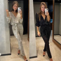 Jumpsuits Women Straight Pants One Piece Sequins V Neck Full Sleeve Lace Up Tight Waist Jumpsuit High Street Trousers 2025