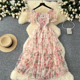 Summer Vintage French Mesh Dress for Women New Waist Cinched Slash Neck Bubble Sleeves Sweet Floral Chiffon Dress Female C146