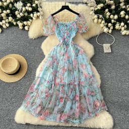Summer Vintage French Mesh Dress for Women New Waist Cinched Slash Neck Bubble Sleeves Sweet Floral Chiffon Dress Female C146