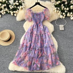 Summer Vintage French Mesh Dress for Women New Waist Cinched Slash Neck Bubble Sleeves Sweet Floral Chiffon Dress Female C146