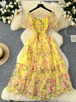 Summer Vintage French Mesh Dress for Women New Waist Cinched Slash Neck Bubble Sleeves Sweet Floral Chiffon Dress Female C146
