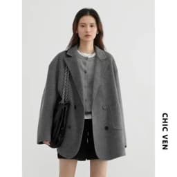 CHIC VEN Women Woolen Coats Loose Casual Oversize Double Breasted Double-sided Jacket Office Ladies Outerwear Autumn Winter 2026