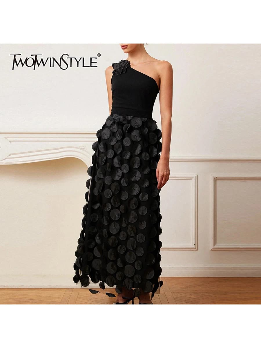 TWOTWINSTYLE Solid Patchwork Appliques Dresses For Women Diagonal Collar Sleeveless Backless High Waist Elegant Dress Female New