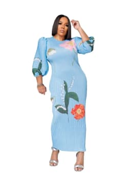 Wmstar Dresses Women Wholesale Fashion Ladies High Grade Lantern Sleeve Pleated Flower Print Round Neck Maxi Dress New Summer