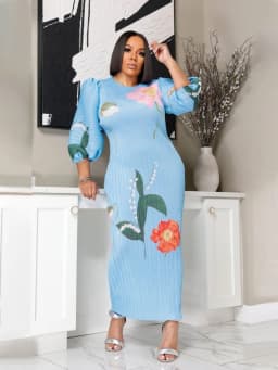 Wmstar Dresses Women Wholesale Fashion Ladies High Grade Lantern Sleeve Pleated Flower Print Round Neck Maxi Dress New Summer