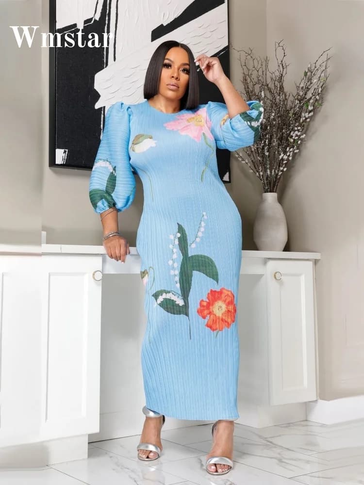 Wmstar Dresses Women Wholesale Fashion Ladies High Grade Lantern Sleeve Pleated Flower Print Round Neck Maxi Dress New Summer