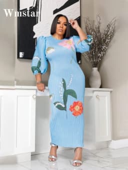 Wmstar Dresses Women Wholesale Fashion Ladies High Grade Lantern Sleeve Pleated Flower Print Round Neck Maxi Dress New Summer