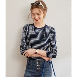 LOUISYAO Striped Long Sleeve T-Shirt Women 2026 Spring Summer Round Neck Bear Embroidery Stretchy Casual Ladies Tshirt