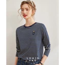 LOUISYAO Striped Long Sleeve T-Shirt Women 2026 Spring Summer Round Neck Bear Embroidery Stretchy Casual Ladies Tshirt
