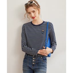 LOUISYAO Striped Long Sleeve T-Shirt Women 2026 Spring Summer Round Neck Bear Embroidery Stretchy Casual Ladies Tshirt