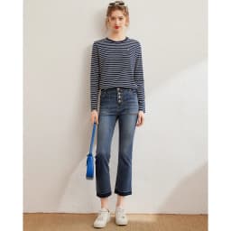 LOUISYAO Striped Long Sleeve T-Shirt Women 2026 Spring Summer Round Neck Bear Embroidery Stretchy Casual Ladies Tshirt