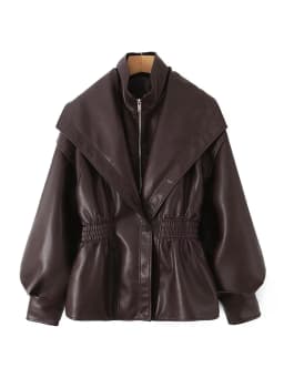 Ailegogo New Spring Autumn Women Vintage Loose Elastic Waist Zipper Black Faux Leather Jacket Outwear