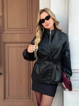 Ailegogo New Spring Autumn Women Vintage Loose Elastic Waist Zipper Black Faux Leather Jacket Outwear