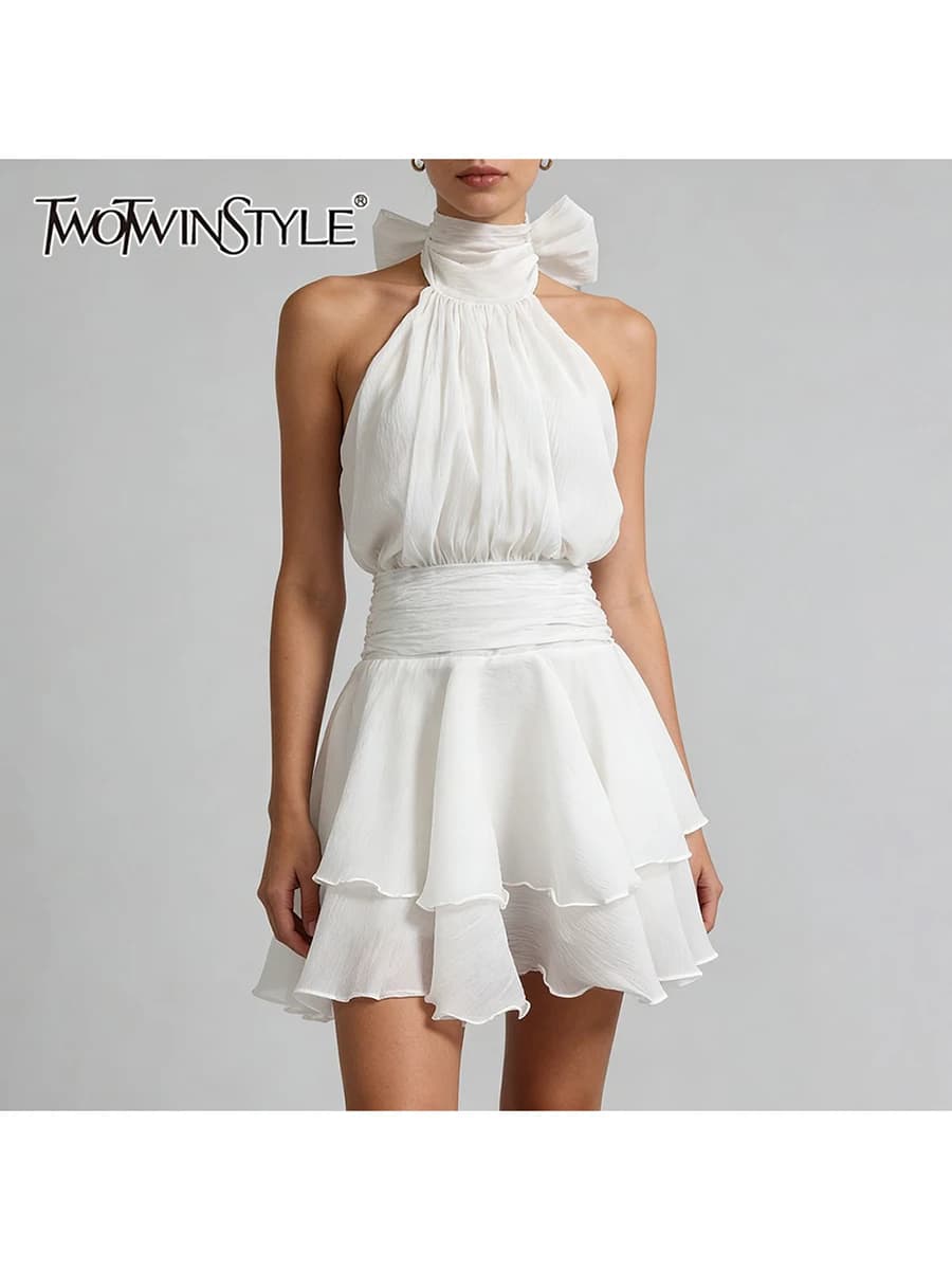 TWOTWINSTYLE Solid Slimming Spliced Folds Basics Dresses for Women High Neck Sleeveless Backless Patchwork Ruffles Dress Female