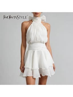 TWOTWINSTYLE Solid Slimming Spliced Folds Basics Dresses for Women High Neck Sleeveless Backless Patchwork Ruffles Dress Female