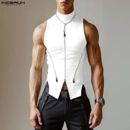 INCERUN Men Irregular Tank Tops Solid Color Turtleneck Sleeveless Male Vests Summer Streetwear Zipper 2026 Fashion Men Clothing