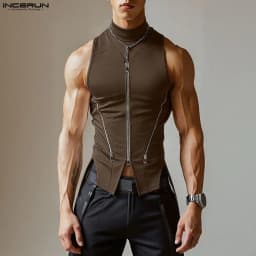 INCERUN Men Irregular Tank Tops Solid Color Turtleneck Sleeveless Male Vests Summer Streetwear Zipper 2026 Fashion Men Clothing